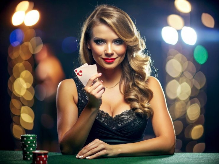 Live blackjack dealer at live 4d table with cards visible on HD camera feed